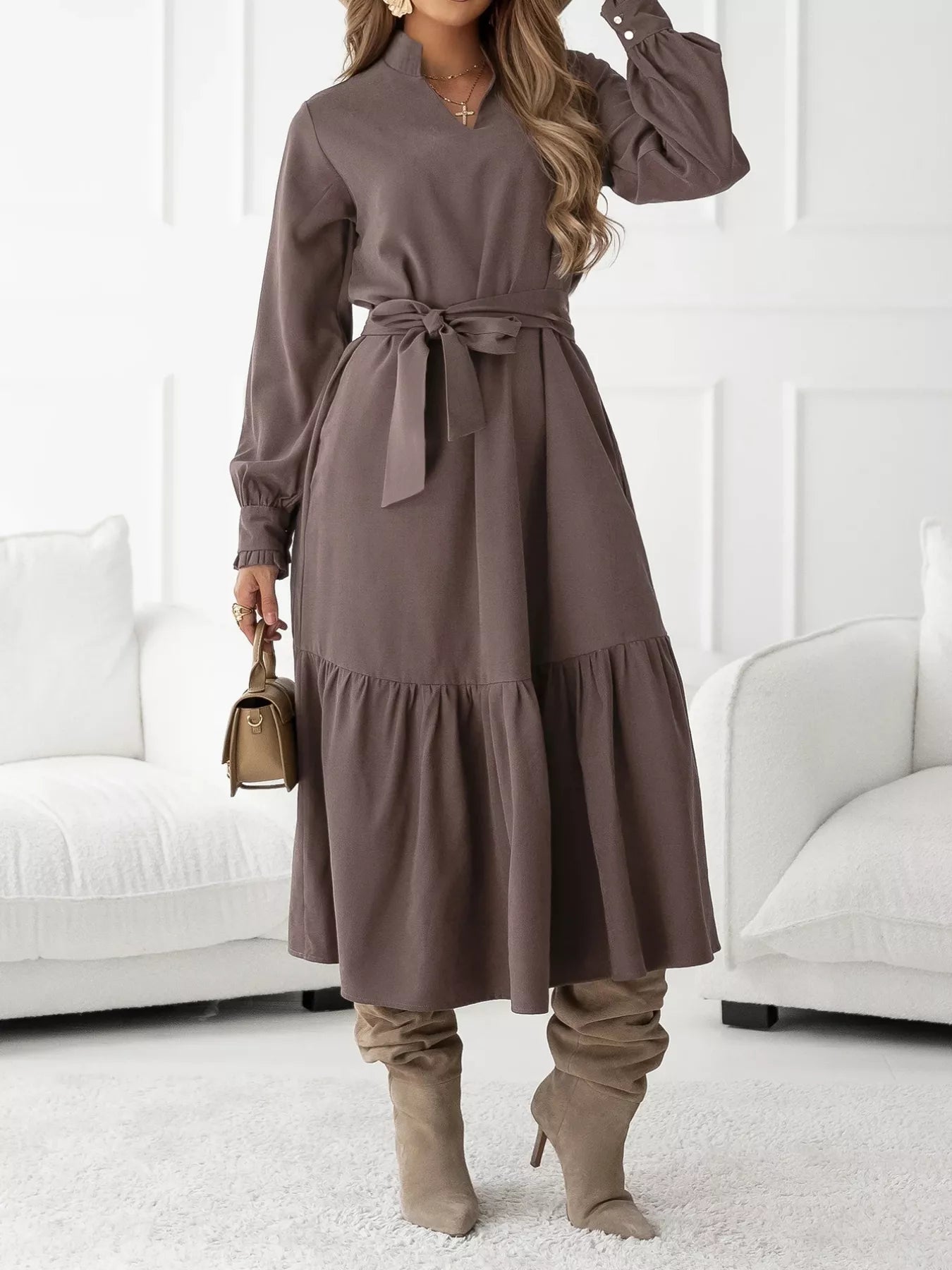 Brown, Long Sleeves Dress 