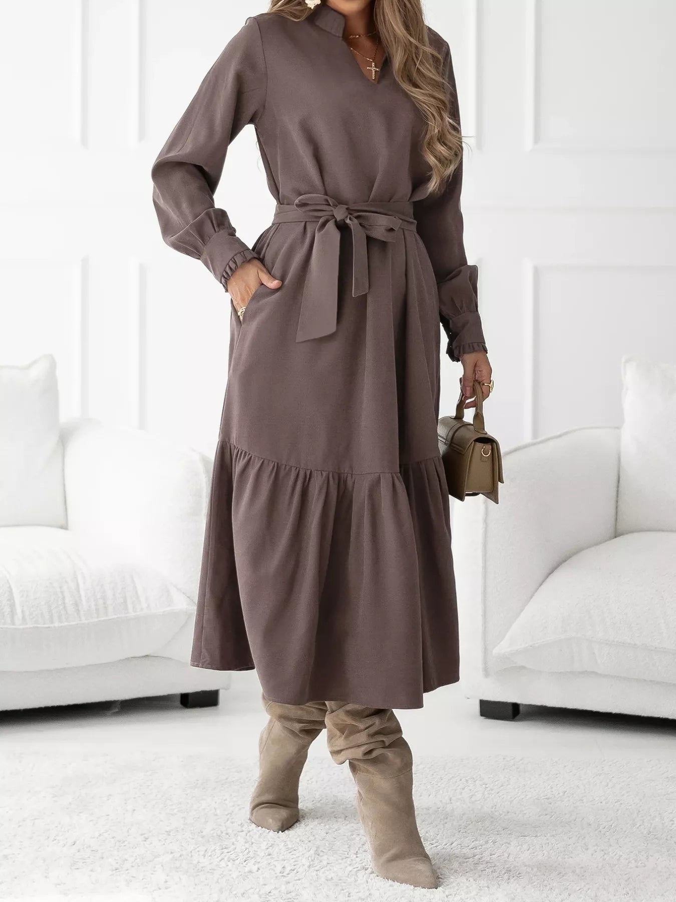 Brown Dress, Long Sleeves, with a belt.