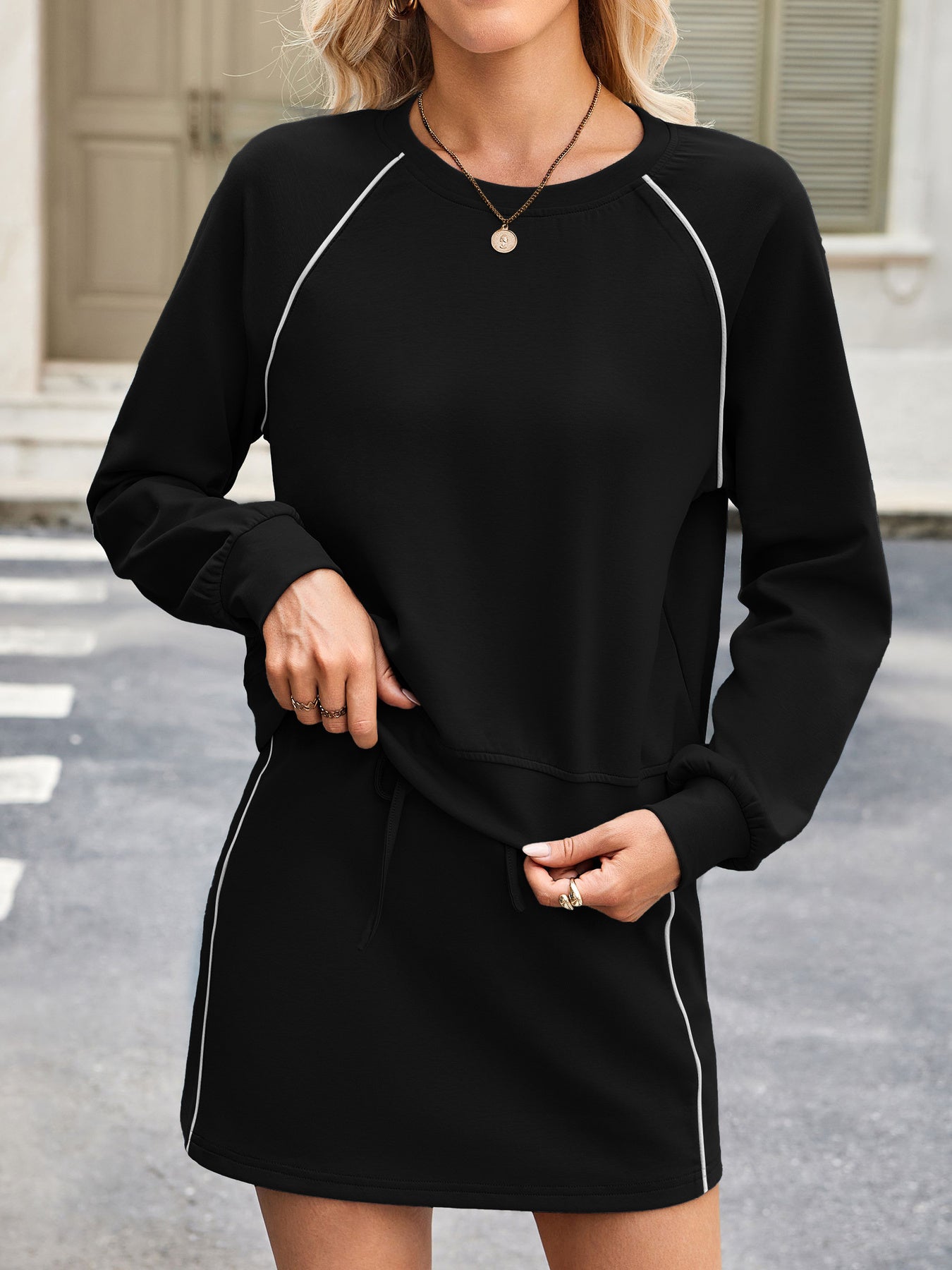 Round Neck Raglan Sleeve Top and Skirt Set