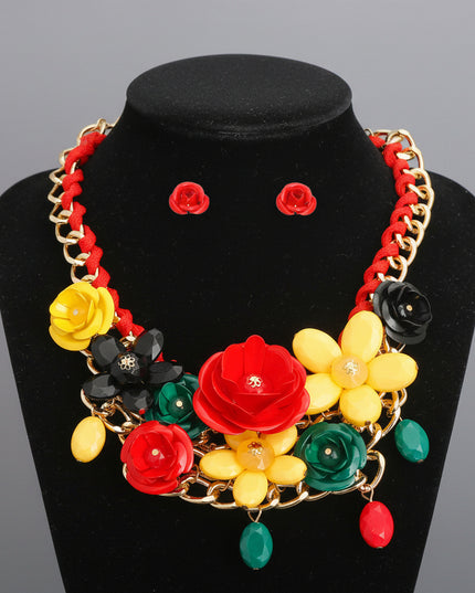 Chunky Gold Metal Chain Collar Necklace Set Featuring Red, Green, Yellow, and Black Metal Roses and Flower Detailing. Center Flower measures 2.5 inches.