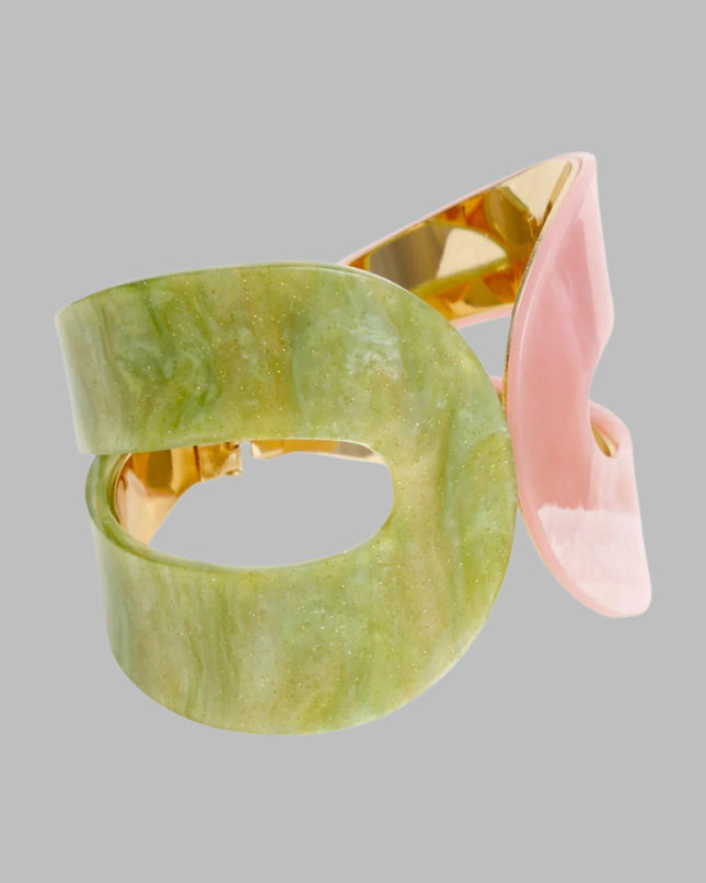 Women's Bracelet Marbled Pink and Green Acrylic with Gold Metal Wrap Loop Cuff Bracelet Featuring Hinge Closure. Cuff Measures 2.5" wide.