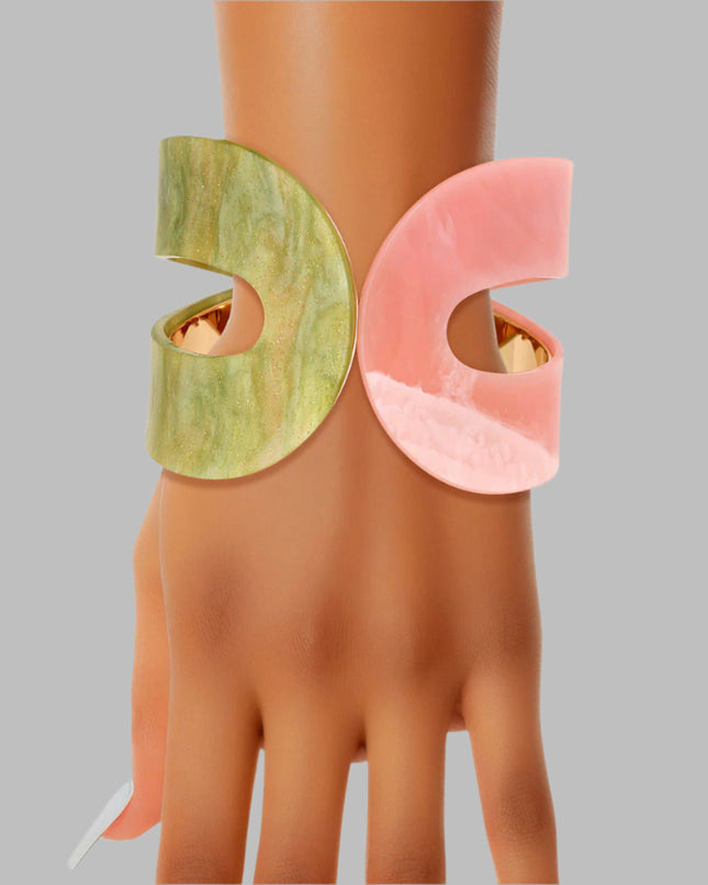 Women's Bracelet Marbled Pink and Green Acrylic with Gold Metal Wrap Loop Cuff Bracelet Featuring Hinge Closure. Cuff Measures 2.5" wide.