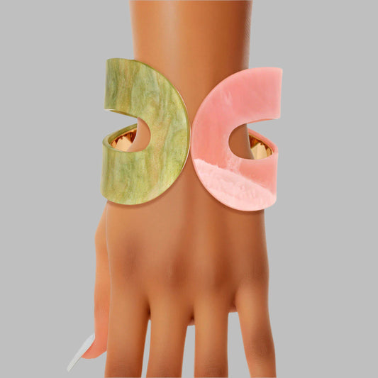 Women's Bracelet Marbled Pink and Green Acrylic with Gold Metal Wrap Loop Cuff Bracelet Featuring Hinge Closure. Cuff Measures 2.5" wide.