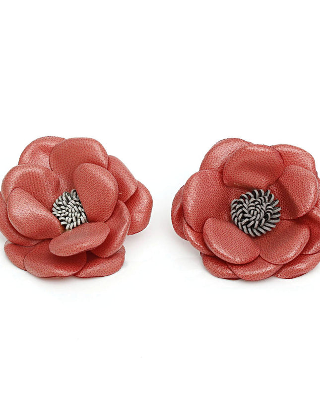 Women's Stud Earrings. Natural Meets Modern Mauve Pink Faux Leather Layered Petal Flower Shaped Stud Earrings Featuring Dimensional Design. 