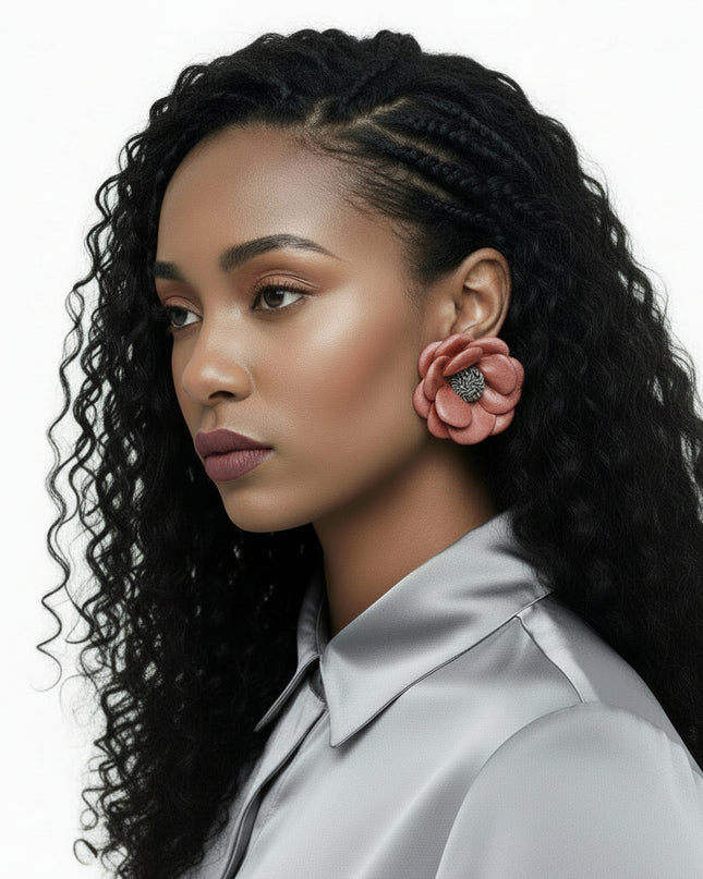 Women's Stud Earrings. Natural Meets Modern Mauve Pink Faux Leather Layered Petal Flower Shaped Stud Earrings Featuring Dimensional Design. 