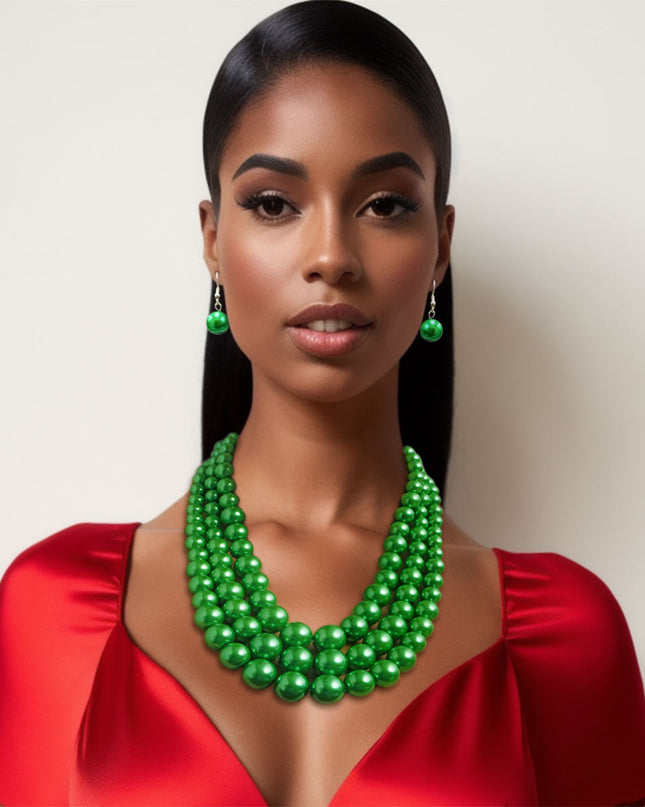 Multi Strand Green Pearl Necklace Set