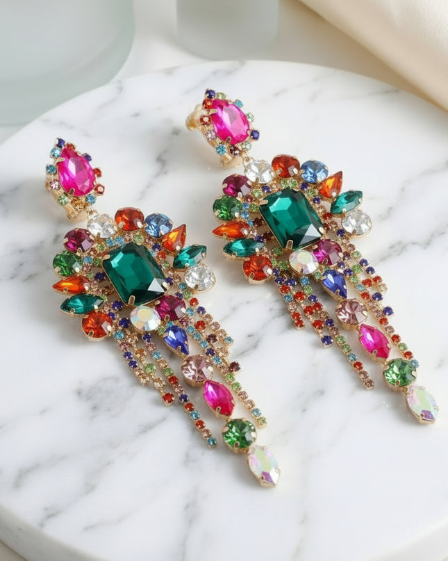 Multicolor Arched Glass Crystal Chandelier Earrings