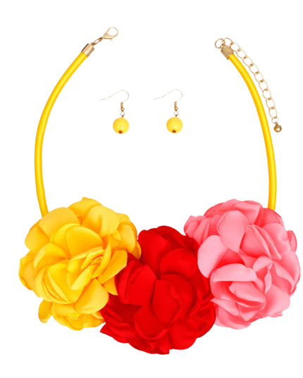Women's Bib Necklace Yellow Fabric Covered Cord Rigid Collar Necklace Set Featuring Triple Pink, Red, and Yellow Fabric Flower Petal Detailing. Flower Detail measures 3" x 6.5". Lobster Clasp Closure. Includes Matching Fishhook Earrings.
