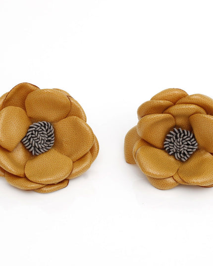 Women's Stud Earrings. Natural Meets Modern Mustard Yellow Faux Leather Layered Petal Flower Shaped Stud Earrings Featuring Dimensional Design. 