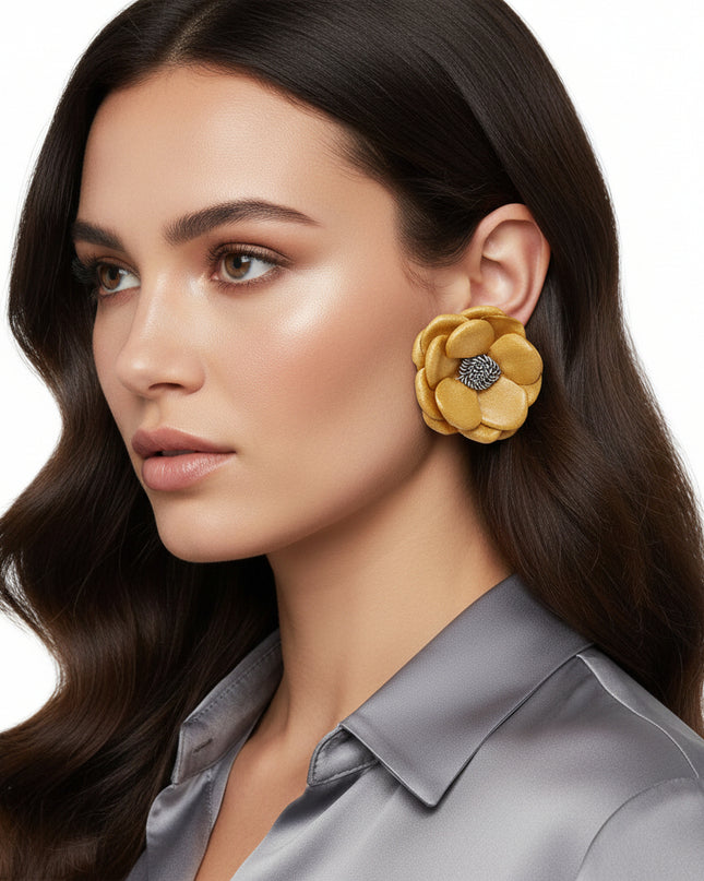 Women's Stud Earrings. Natural Meets Modern Mustard Yellow Faux Leather Layered Petal Flower Shaped Stud Earrings Featuring Dimensional Design. 