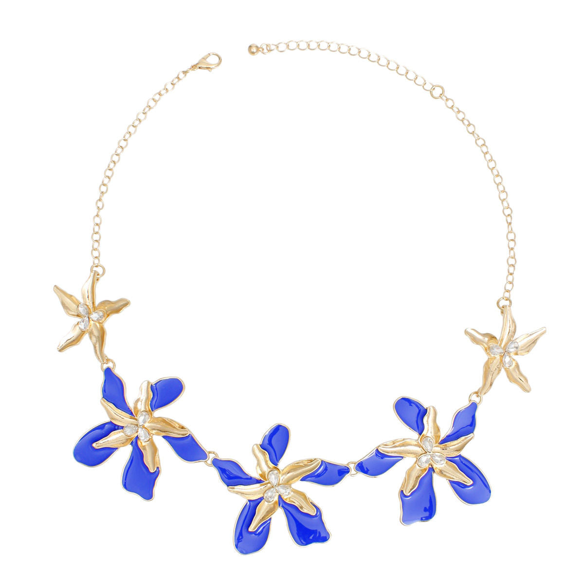 Women's Collar Necklace Gold Metal Round Link Chain Featuring Textured Gold Metal and Blue Epoxy Tropical Iris Flowers with Rhinestone Centers. Flowers measure 2.15" each. Lobster Clasp Closure.