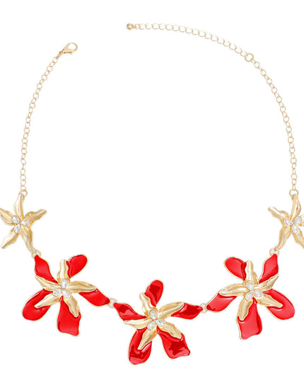 Women's Collar Necklace Gold Metal Round Link Chain Featuring Textured Gold Metal and Red Epoxy Tropical Iris Flowers with Rhinestone Centers. Flowers measure 2.15" each. Lobster Clasp Closure.