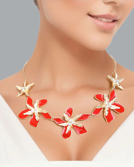 Women's Collar Necklace Gold Metal Round Link Chain Featuring Textured Gold Metal and Red Epoxy Tropical Iris Flowers with Rhinestone Centers. Flowers measure 2.15" each. Lobster Clasp Closure.
