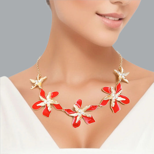 Women's Collar Necklace Gold Metal Round Link Chain Featuring Textured Gold Metal and Red Epoxy Tropical Iris Flowers with Rhinestone Centers. Flowers measure 2.15" each. Lobster Clasp Closure.