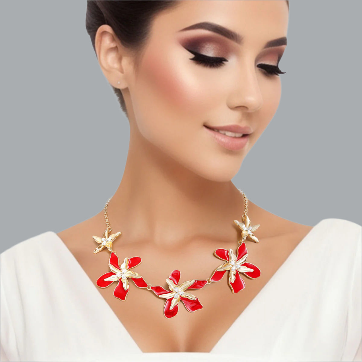 Women's Collar Necklace Gold Metal Round Link Chain Featuring Textured Gold Metal and Red Epoxy Tropical Iris Flowers with Rhinestone Centers. Flowers measure 2.15" each. Lobster Clasp Closure.