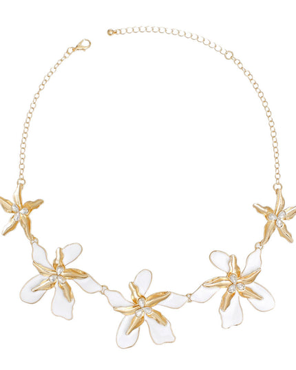 Women's Collar Necklace Gold Metal Round Link Chain Featuring Textured Gold Metal and White Epoxy Tropical Iris Flowers with Rhinestone Centers. Flowers measure 2.15" each. Lobster Clasp Closure.
