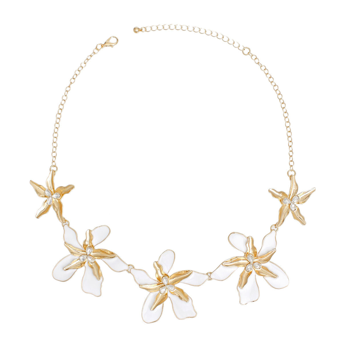 Women's Collar Necklace Gold Metal Round Link Chain Featuring Textured Gold Metal and White Epoxy Tropical Iris Flowers with Rhinestone Centers. Flowers measure 2.15" each. Lobster Clasp Closure.