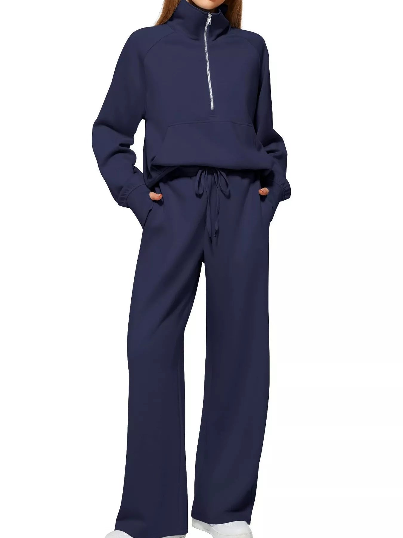 Navy Blue High Collar Sweatshirt with Matching Wide-Leg Pants