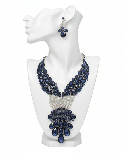 Women's Crystal Bib Necklace Set Silver Metal with Navy Teardrop Crystals and Rhinestones Jeweled Bib Statement Necklace. 