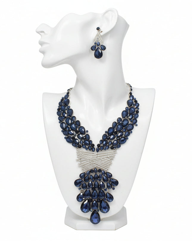 Women's Crystal Bib Necklace Set Silver Metal with Navy Teardrop Crystals and Rhinestones Jeweled Bib Statement Necklace. 