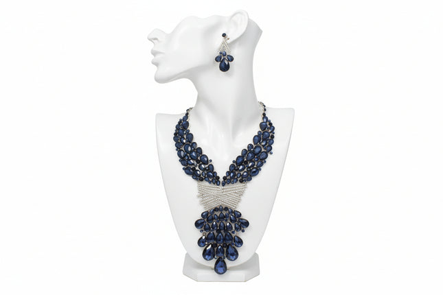 Women's Crystal Bib Necklace Set Silver Metal with Navy Teardrop Crystals and Rhinestones Jeweled Bib Statement Necklace. 