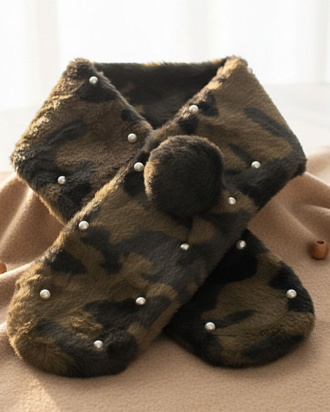 Women's Winter Neck Warmer Scarf. Instant Glamor Luxe Faux Fur Bold Green Camouflage Print Collar Winter Stole Scarf Featuring Pearl Stud Details and Pull Through Ball for a Stay-Put Style. Plush, Ultra-Soft, and Effortlessly Chic. Perfect Statement Accessory for Cold Weather Winter Styling. 100% Polyester.