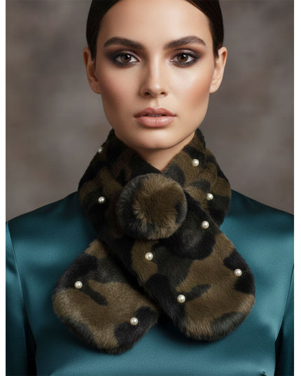Women's Winter Neck Warmer Scarf. Instant Glamor Luxe Faux Fur Bold Green Camouflage Print Collar Winter Stole Scarf Featuring Pearl Stud Details and Pull Through Ball for a Stay-Put Style. Plush, Ultra-Soft, and Effortlessly Chic. Perfect Statement Accessory for Cold Weather Winter Styling. 100% Polyester.