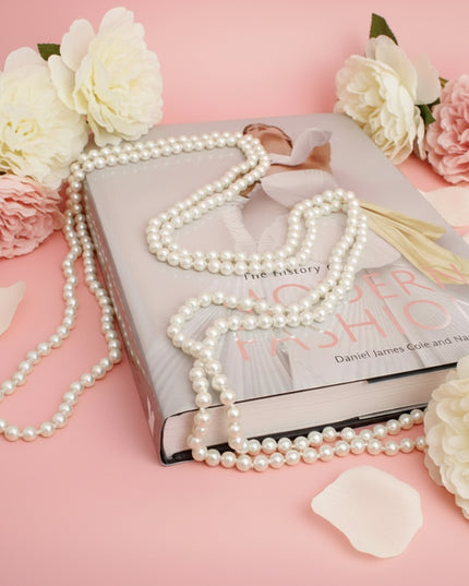 Women's Pearl Necklace 8mm Cream Glass Pearl 96" Infinity Strand Necklace Featuring Hand Knot Detail. Can be worn various ways.