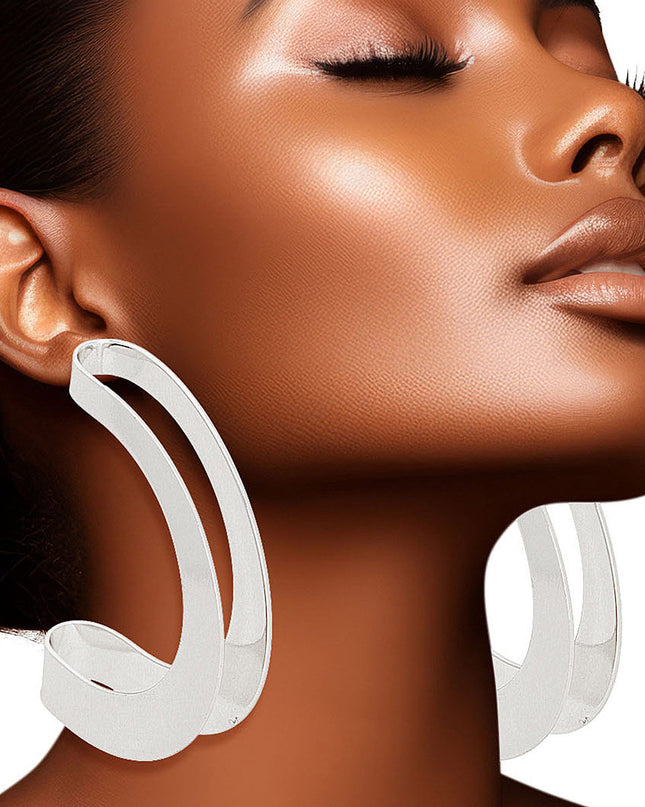 Open Hoop Folded Silver Metal Earrings for Women