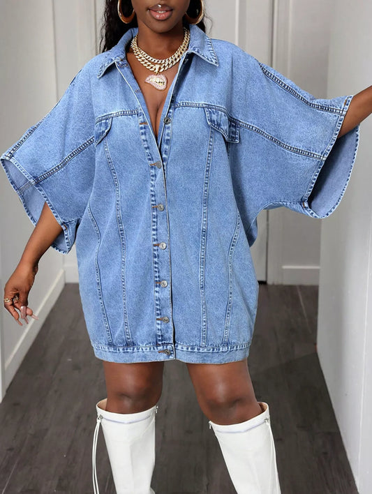  Blue denim dress with white knee-high boots