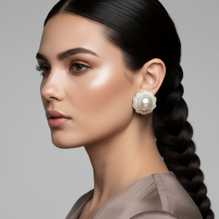 Women's Stud Earrings. Elegant and Classy Sparkle Statement Earrings. Gold Metal Wreath Shaped Stud Earrings Encrusted with Cream Pearls and Rhinestones Featuring Oversized Acrylic Cream Pearl Domed Center.