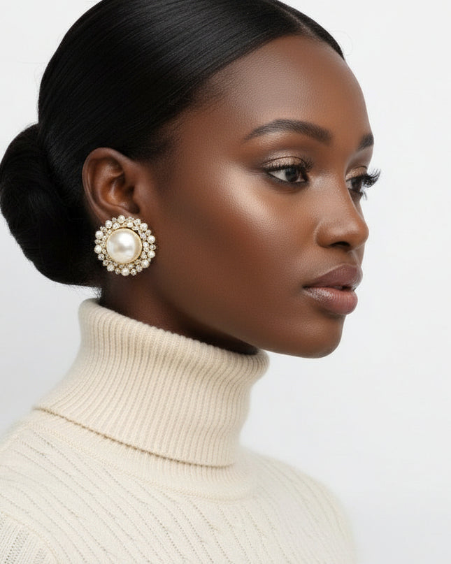 Women's Stud Earrings. Elegant and Classy Sparkle Statement Earrings. Gold Metal Wreath Shaped Stud Earrings Encrusted with Cream Pearls and Rhinestones Featuring Oversized Acrylic Cream Pearl Domed Center.