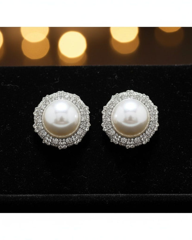 Women's Stud Earrings. Elegant and Classy Sparkle Statement Earrings. Silver Metal Wreath Shaped Stud Earrings Encrusted with White Pearls and Rhinestones Featuring Oversized Acrylic White Pearl Domed Center.