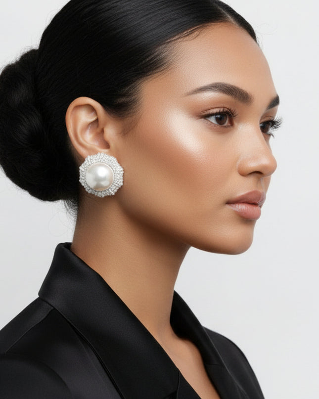 Women's Stud Earrings. Elegant and Classy Sparkle Statement Earrings. Silver Metal Wreath Shaped Stud Earrings Encrusted with White Pearls and Rhinestones Featuring Oversized Acrylic White Pearl Domed Center.