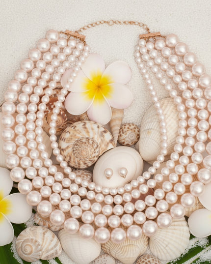 Women's Pearl Necklace Set Luxe Statement 5 Strand Acrylic Cream Pearl Necklace. Multistrand Necklace Features Graduated Pearl Strands from 9mm to 18mm. Layers measure 22" to 28". Gold Metal Lobster Clasp Closure. Includes Matching Pearl Ball Stud Post Backing Earrings.