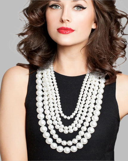 Women's Pearl Necklace Set Luxe Statement 5 Strand Acrylic Cream Pearl Necklace. Multistrand Necklace Features Graduated Pearl Strands from 9mm to 18mm. Layers measure 22" to 28". Gold Metal Lobster Clasp Closure. Includes Matching Pearl Ball Stud Post Backing Earrings.
