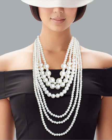 Women's Pearl Necklace Set 6 Strand Acrylic Cream Pearl Long Layered Necklace Featuring Bubblegum Pearl Center Details. Necklace Layers Measure 20" to 36". Gold Metal Lobster Clasp Closure. Includes Matching Fishhook Double Drop Pearl Earrings.