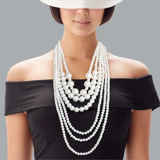 Women's Pearl Necklace Set 6 Strand Acrylic Cream Pearl Long Layered Necklace Featuring Bubblegum Pearl Center Details. Necklace Layers Measure 20" to 36". Gold Metal Lobster Clasp Closure. Includes Matching Fishhook Double Drop Pearl Earrings.