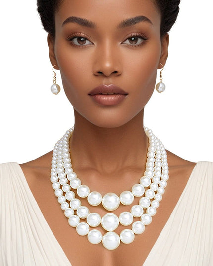 Women's Pearl Necklace Set. Updated Classic Graduated Cream Acrylic Pearl 3 Strand Set Featuring Center Jumbo Bubble Gum Pearl Detail. Bubblegum Pearls Measure 24mm. 