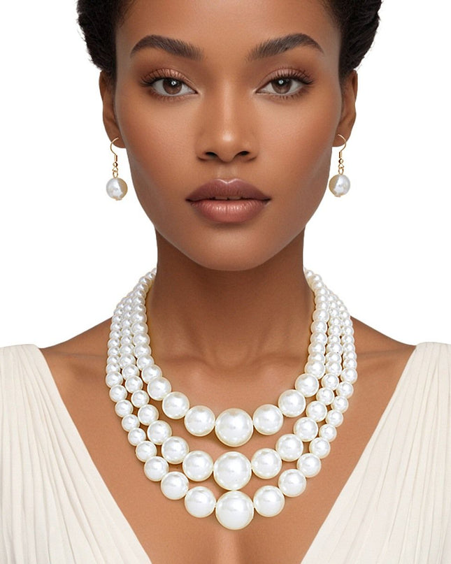 Women's Pearl Necklace Set. Updated Classic Graduated Cream Acrylic Pearl 3 Strand Set Featuring Center Jumbo Bubble Gum Pearl Detail. Bubblegum Pearls Measure 24mm. 