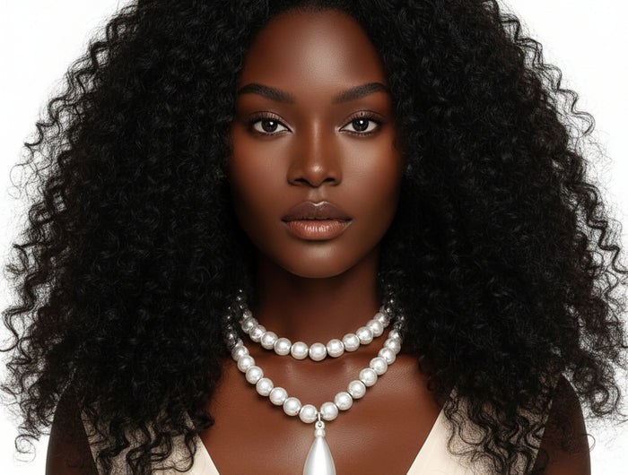 Women's White Pearl Double Layer Necklace Featuring Chunky 3D Teardrop Pendant. Pendant Measures 2.5" x 1". Includes 15" Necklace and 20" Necklace. Can be Worn Together or Separately. Lobster Clasp Closure. Includes Matching Domed Stud Post Backing Earrings.