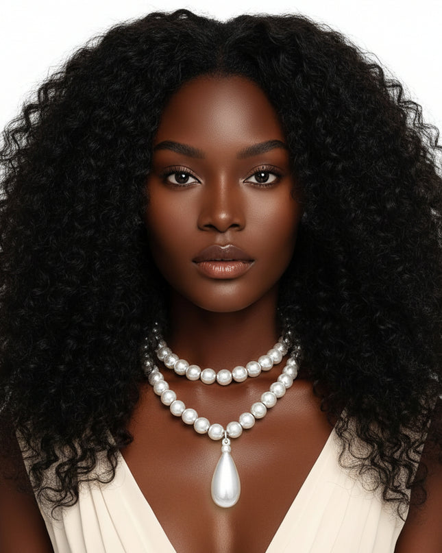 Women's White Pearl Double Layer Necklace Featuring Chunky 3D Teardrop Pendant. Pendant Measures 2.5" x 1". Includes 15" Necklace and 20" Necklace. Can be Worn Together or Separately. Lobster Clasp Closure. Includes Matching Domed Stud Post Backing Earrings.