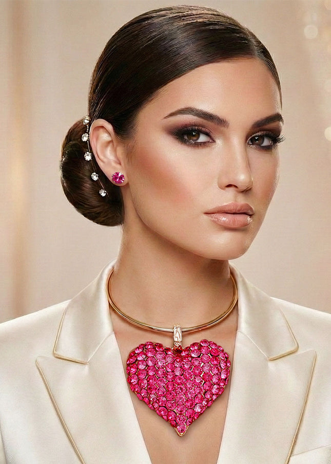 Women's Pendant Necklace Set. Fun and Flirty Gold Metal Rigid Collar Necklace Set Featuring Ultra Chunky XL Domed Heart Pendant with Fuchsia Rhinestone Detailing. 