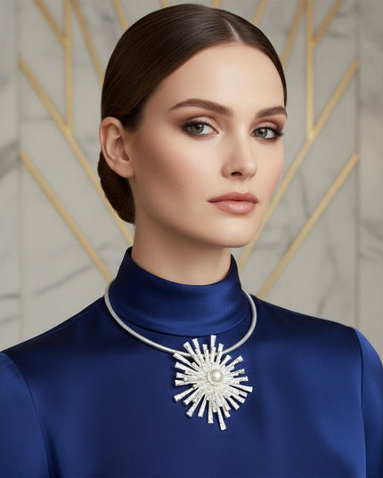 Women's Pendant Collar Necklace. Striking Rigid Matte Silver Metal Ribbed Texture Rigid Collar Necklace Featuring a Large Stacked Metal Sunburst Flower-Like Slide Pendant with Hammered Texture. Bold Sculptural Statement Piece. Pendant Measures 3.75 inches and .75 inches Tall. Lobster Clasp Closure.