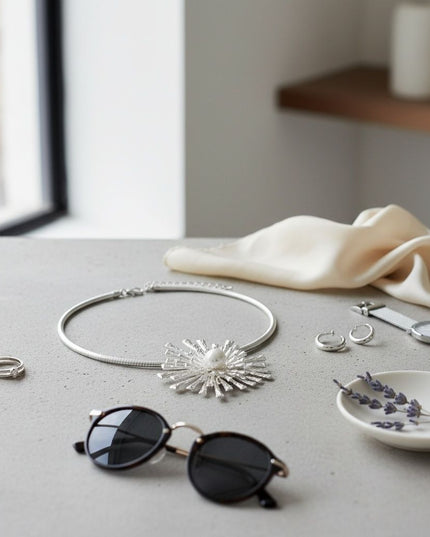 Women's Pendant Collar Necklace. Striking Rigid Matte Silver Metal Ribbed Texture Rigid Collar Necklace Featuring a Large Stacked Metal Sunburst Flower-Like Slide Pendant with Hammered Texture. Bold Sculptural Statement Piece. Pendant Measures 3.75 inches and .75 inches Tall. Lobster Clasp Closure.