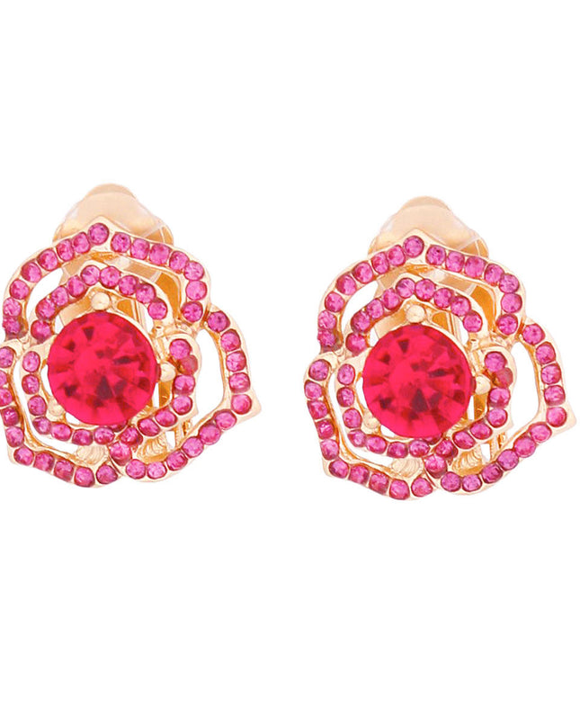 Women's Clip-On Earrings Small Gold Metal and Fuchsia Rhinestone Cutout Rose Flower Design Clip-Ons. Paddle Back Clip-Ons.