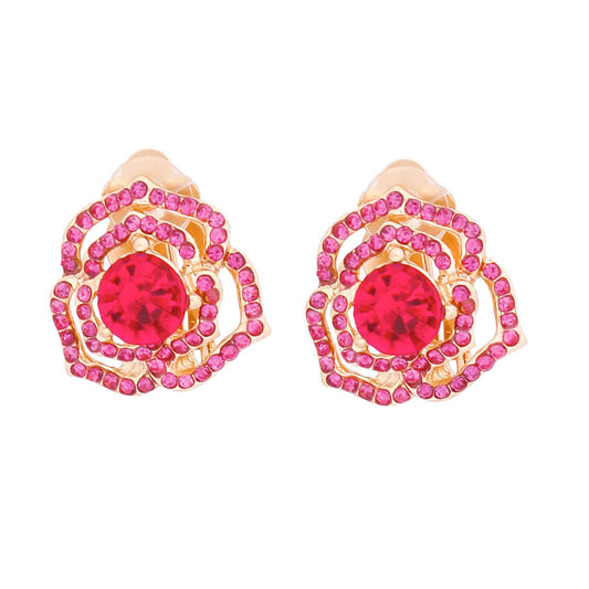 Women's Clip-On Earrings Small Gold Metal and Fuchsia Rhinestone Cutout Rose Flower Design Clip-Ons. Paddle Back Clip-Ons.