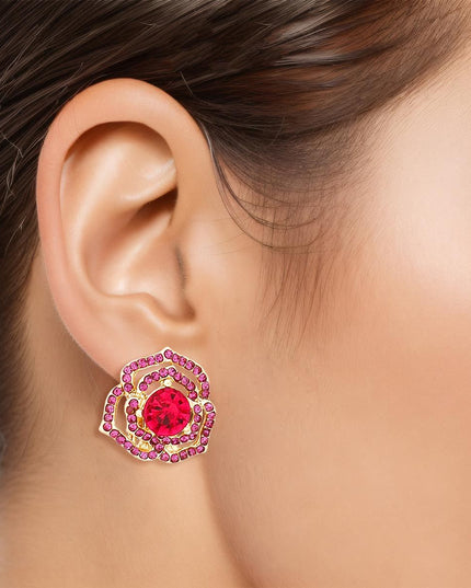 Women's Clip-On Earrings Small Gold Metal and Fuchsia Rhinestone Cutout Rose Flower Design Clip-Ons. Paddle Back Clip-Ons.