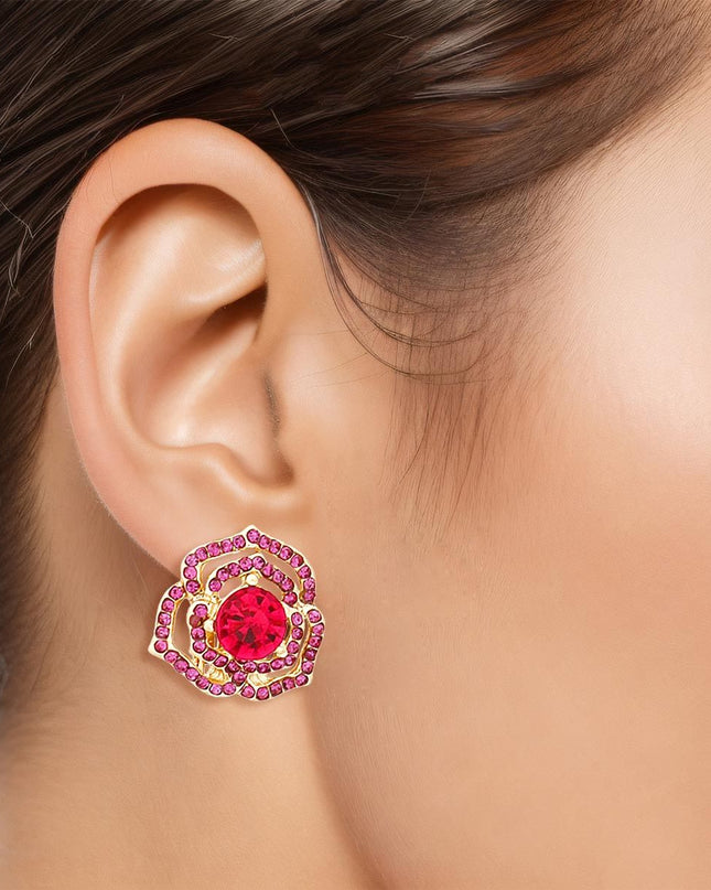 Women's Clip-On Earrings Small Gold Metal and Fuchsia Rhinestone Cutout Rose Flower Design Clip-Ons. Paddle Back Clip-Ons.
