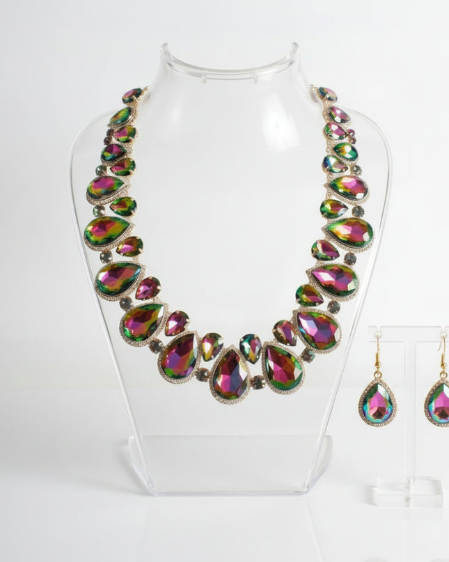 Pink Green Glass Teardrop Crystal Collar Necklace